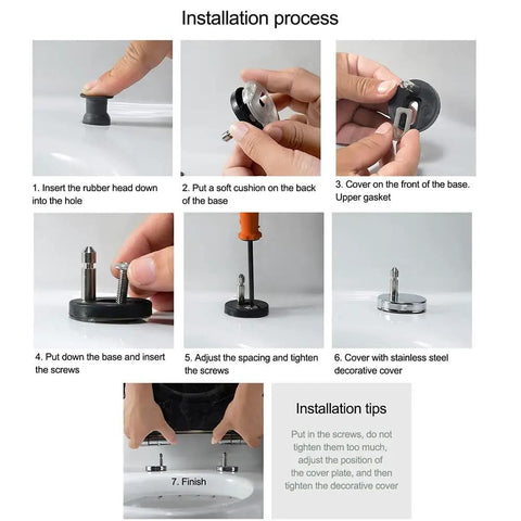 Installation steps for Shimmer Silver Glitter Toilet Seat With Smooth Soft Close Hinges and Quick Swap Nonslip Bumpers.