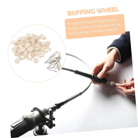 Person using 120 Piece Wool Felt Polishing Wheel Set With Arbor Shaft And Rotary Buffing Pads For Polisher Tools Pro Grade Industrial Kit