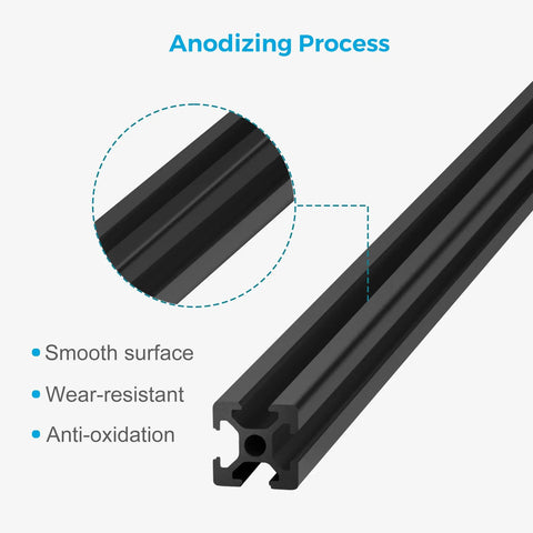 Close-up of black anodized 48 Inch T Slot 2020 Aluminum Extrusion Profile for 3D Printer and CNC DIY with smooth surface
