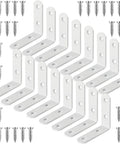 16 Piece Beefy White 2.5 Inch L Brackets For Wood Shelves, Heavy Duty Stainless Steel Corner Braces With Screws arranged with screws.