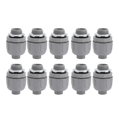 Tough Workhorse Grade Liquid Tight Conduit Connector 1 Inch NPT Nylon 6 Electrical Fittings in a row, durable and moisture resistant.
