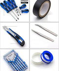 Assorted tools including screwdrivers, tape, utility knife, tweezers, and bits, part of 26 Piece Household Tool Set With Blow Molded Case For Easy Home Office Dorm And Garage Repairs Including Pliers Adjustable Wrench Screwdrivers Claw Hammer Tape Measure And Hex Keys For DIYers And Everyday Home Fixers.