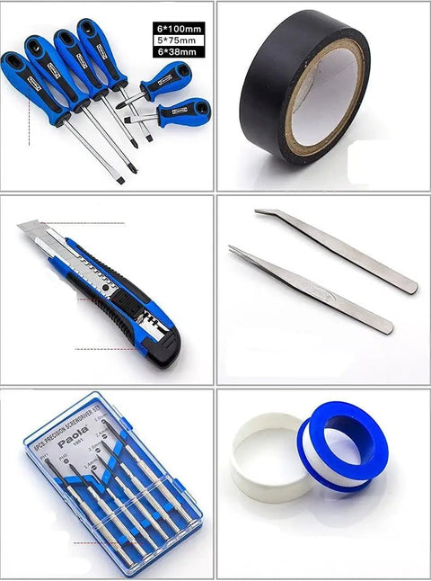 Assorted tools including screwdrivers, tape, utility knife, tweezers, and bits, part of 26 Piece Household Tool Set With Blow Molded Case For Easy Home Office Dorm And Garage Repairs Including Pliers Adjustable Wrench Screwdrivers Claw Hammer Tape Measure And Hex Keys For DIYers And Everyday Home Fixers.