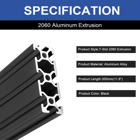 2Pack 2060 T Slot Aluminum Extrusion 300mm Black, showing cross-section design and specifications