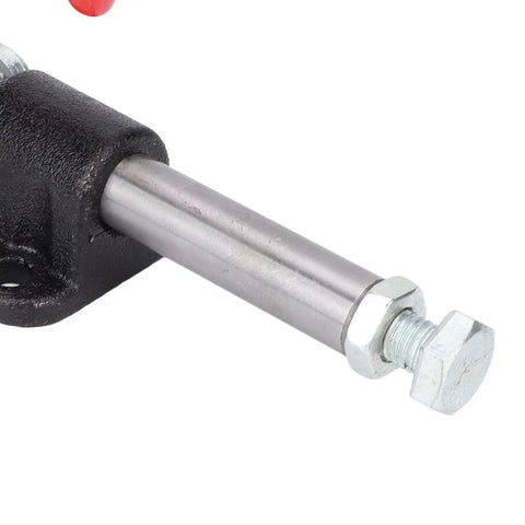 Close-up of Beefy Heavy Duty Toggle Clamp for Welding and Equipment Mounting with iron and plastic construction, easy setup.
