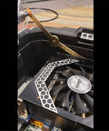 Gold Metal Lid Support Hinges Set Heavy Duty 2.68 by 0.31 Inch 2 Pack installed in a computer case, securing a fan lid.