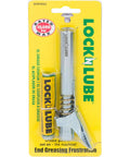 Front view of LockNLube XL grease coupler in yellow packaging with chrome body and lever