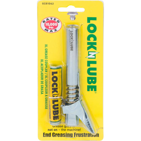 Front view of LockNLube XL grease coupler in yellow packaging with chrome body and lever