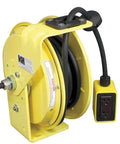 Heavy Duty Industrial Retractable Power Cord Reel With 25 Ft Black Cable, Four Receptacle Outlets, 20 Amp Rating, Built Tough Steel Housing, Bright Yellow Paint, Job Site Workhorse, close-up view.