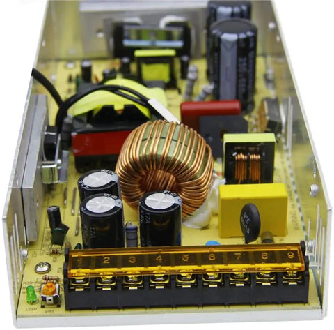 Internal view of a 24V 10A Regulated Power Supply Adapter 240W Switching Converter with components and circuit board visible