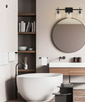Modern bathroom with 5-Piece All-In-One Matte Black Bathroom Set With 3-Light Vanity Fixture Featuring Seeded Glass Shades Plus Towel Bar.