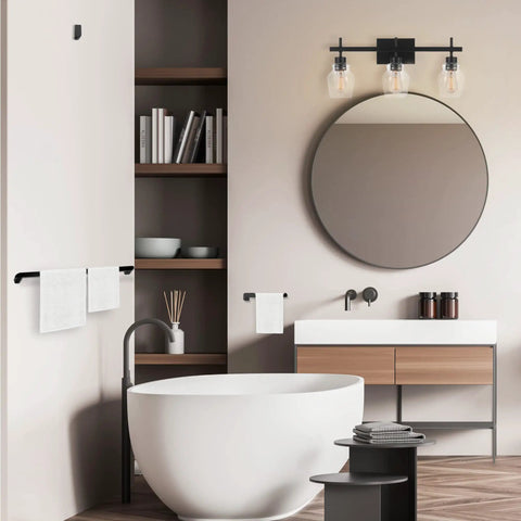 Modern bathroom with 5-Piece All-In-One Matte Black Bathroom Set With 3-Light Vanity Fixture Featuring Seeded Glass Shades Plus Towel Bar.