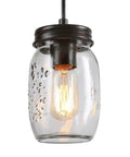 Close-up of a 5 Light Mason Jar Chandelier Pendant For Kitchen Island And Dining Room with rustic farmhouse bronze canopy.
