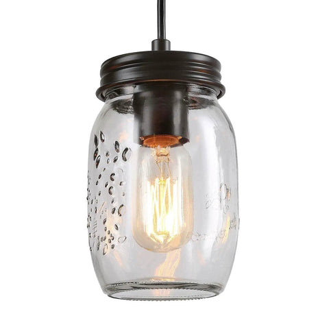 Close-up of a 5 Light Mason Jar Chandelier Pendant For Kitchen Island And Dining Room with rustic farmhouse bronze canopy.