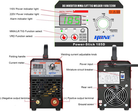 Diagram showing front and rear view of Heavy Duty Arc Welder With Lift TIG Function And Digital IGBT Inverter Beefed Up Duty Cycle.