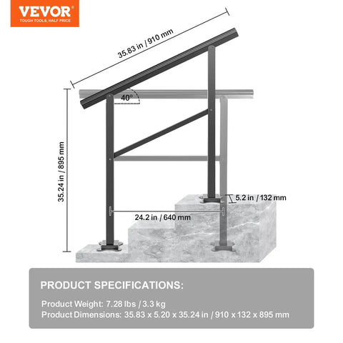 Heavy Duty Aluminum Outdoor Stair Handrail Rock Solid Deck Railing Adjustable Angles Supports Two To Three Steps Includes Knockout Mounting Kit Porch Safety Bar dimensions showing height and angle for installation.