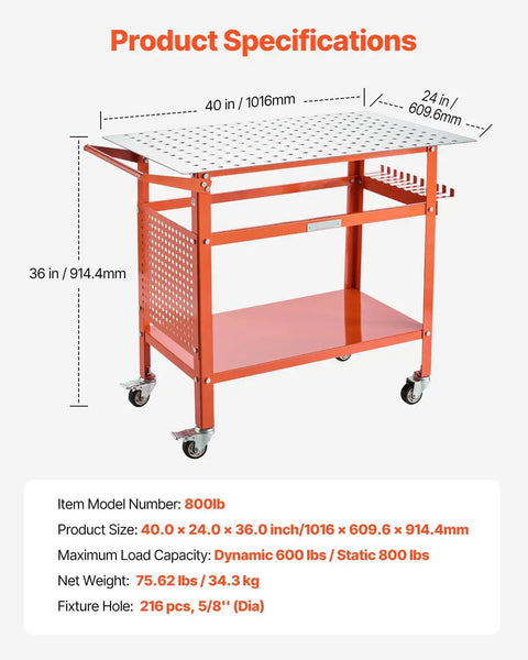 Built Like A Tank Steel Welding Workbench 40 By 24 Inches Handling 800 Lbs with specifications shown, including clamping holes.