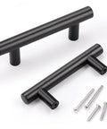 Two black stainless steel T bar drawer pulls with screws, 4 inch overall length, 2-1/2 inch hole center, for kitchen cupboards and cabinets.