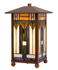 14 Inch Square Glass Lamp With Multicolor Shade, Retro Vibe Stained Glass Style Light, Mission Style Metal Frame, Decorative Ball Feet