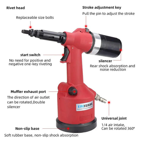 Industrial Hydraulic Pneumatic Riveter Kit For Rivnuts And Riveting Pro Grade Auto Air Gun with labeled parts