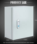 Heavy Duty Steel Electrical Junction Box Indoor And Outdoor Wall Mounted Enclosure Built Tough As Nails With Waterproof Dustproof Metal Cover For Security Locks And Quick Mounting Plates, showing dimensions 15.4" height, 11.8" width, 5.9" depth.
