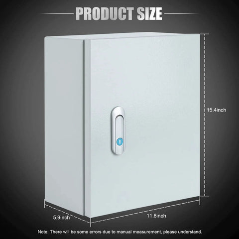Heavy Duty Steel Electrical Junction Box Indoor And Outdoor Wall Mounted Enclosure Built Tough As Nails With Waterproof Dustproof Metal Cover For Security Locks And Quick Mounting Plates, showing dimensions 15.4" height, 11.8" width, 5.9" depth.