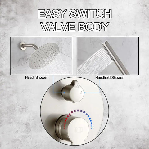 Brushed Nickel Shower System With 8 Inch Rainfall Head Wall Mounted Faucet Set Complete Trim Kit Rough In Valve Body All Metal