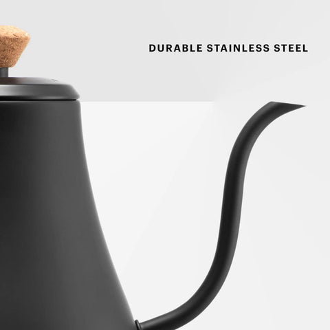 Close-up of the 27oz Gooseneck Electric Water Kettle For Pour Over Coffee And Tea, Stainless Steel Matte Black, showing spout and handle.