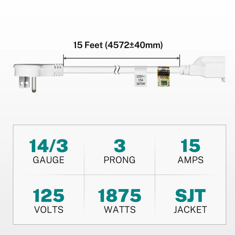 Heavy Duty 15 Ft Extension Cord With Flat Plug For Tight Spaces Behind Furniture And Desks, 14 AWG, 15 Amp, 125 Volt, 1875 Watt Power Cable