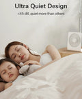 Compact USB Rechargeable Desk Fan With 4500mAh Battery Folding Design next to sleeping mother and child showcasing quiet wind