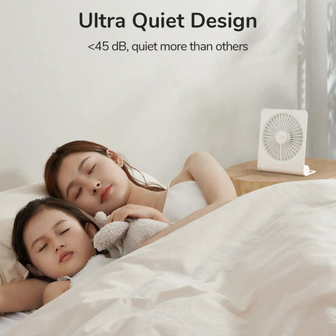 Compact USB Rechargeable Desk Fan With 4500mAh Battery Folding Design next to sleeping mother and child showcasing quiet wind