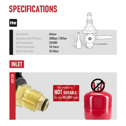 Helium Balloon Filler Regulator With Gauge 0-3000 PSI For CGA580 Tank Valve specification details and incompatible tank