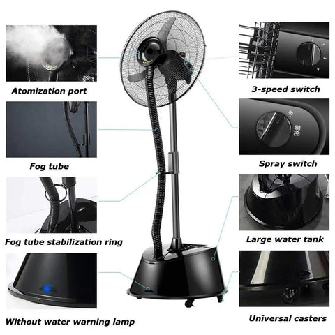 Heavy Duty Outdoor Misting Floor Fan With Three Speed Settings And Wide Swing showing atomization port, fog tube, and large water tank.