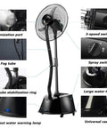 Heavy Duty Mist Fan With Three Easy Speeds And Wide Angle Oscillation Covers Five Hundred Square Feet Of Patio Space showing atomization port and three-speed switch.