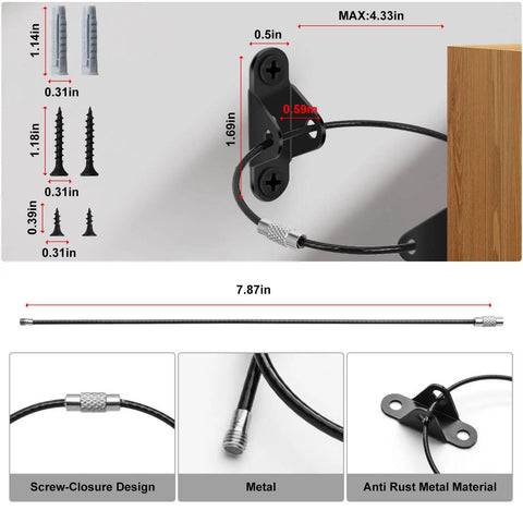 Diagram showing dimensions and metal design of 10 Pack Furniture Anchors For Baby Proofing Anti Tip Wall Straps with screw-closure.
