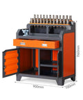 Heavy Duty Steel Workbench Garage Tool Organizer Cabinet With Pegboard And Hanging Parts Bins For Workshop Storage Includes Two Lockable Drawers, showing dimensions and organized tool storage.