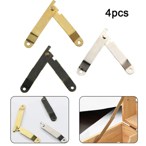 Bronze Antique Lid Support Hinges Set for Jewelry Boxes, Wooden Chests, Cabinets and Furniture in four-piece arrangement.