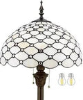 Antique Tiffany Style Floor Lamp With Cream Amber Stained Glass Beads, 16x16 Shade, Bronze Base, Pull Chain, UL Listed Detail