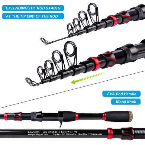 Close-up of Easy Start Fishing Rod And Reel Combo 6.9 Foot Telescopic Spincast Rod highlighting guide rings and EVA handle.