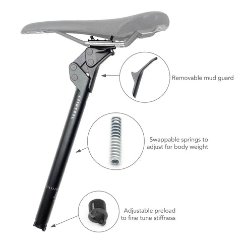 Endurance Suspension Seatpost With Shock Absorber For Road Gravel Hybrid And E Bikes shown with adjustable features