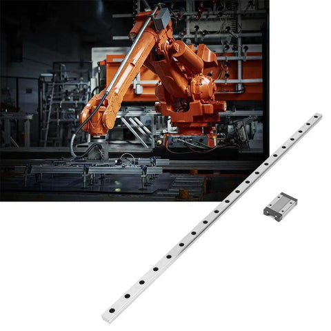 MGN12H Black Miniature Linear Rail Guide 12mm Width with Slide Block beside industrial robot in factory setting.