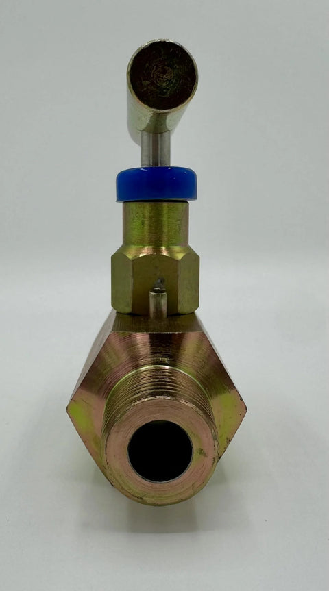 Needle valve, 1/2 in NPT, brass body with blue cap, front view