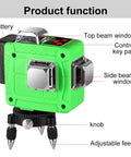 3D Laser Level With Green Laser, Self Leveling And Manual Modes, showing battery, top and side beam windows, control keypad