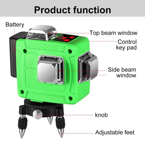 3D Laser Level With Green Laser, Self Leveling And Manual Modes, showing battery, top and side beam windows, control keypad