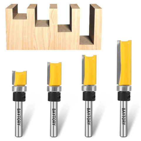 Top Shelf Pattern Flush Trim Router Bits Set Featuring Dead Nut Tight Carbide Cutters And Smooth Riding Bearings For Zero Tear Out Custom Woodworking Projects with four router bits over wood.