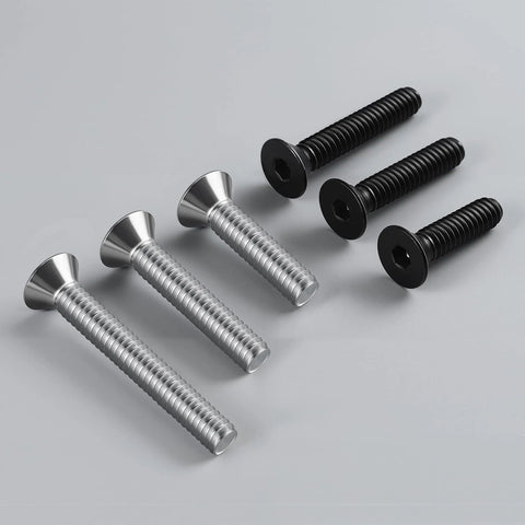 Seven top-view countersunk flat-head socket bolts, 1/4-20 x 1-1/4 in, full-thread, stainless steel silver/black