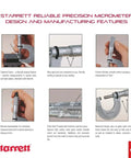 Starrett reliable precision micrometer with balanced design for accurate measurements and detailed manufacturing features.