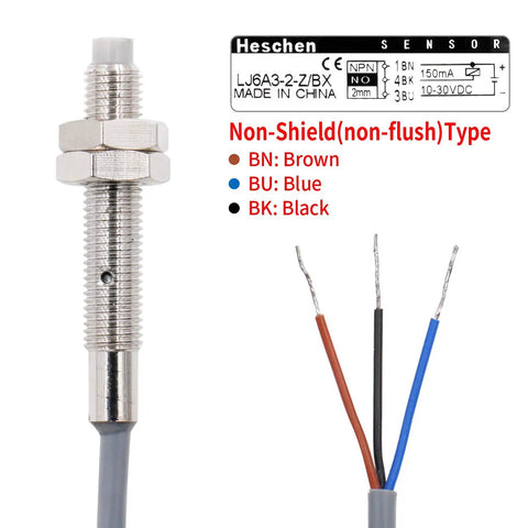 Inductive Proximity Sensor Switch Non Shield Type With 2mm Sensing Range, 10 To 30V DC, 150mA, NPN Normally Open, 3 Wire, M6 Mount, 78 Inch Cable, Grey Housing A Real Workhorse For Automation And Machinery. Grey M6 inductive proximity sensor with 3-wire cable and exposed brown, blue, black leads.