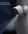 Dope 1080p Wifi Outdoor Security Camera With Spotlight And Built In Siren Strobe Two Way Audio Night Vision 133 Degree Field Of View IP65 Weatherproof MicroSD And Smart Cloud Storage ADC2W mounted on wall with spotlight on