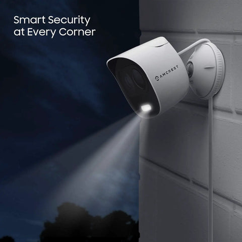 Dope 1080p Wifi Outdoor Security Camera With Spotlight And Built In Siren Strobe Two Way Audio Night Vision 133 Degree Field Of View IP65 Weatherproof MicroSD And Smart Cloud Storage ADC2W mounted on wall with spotlight on
